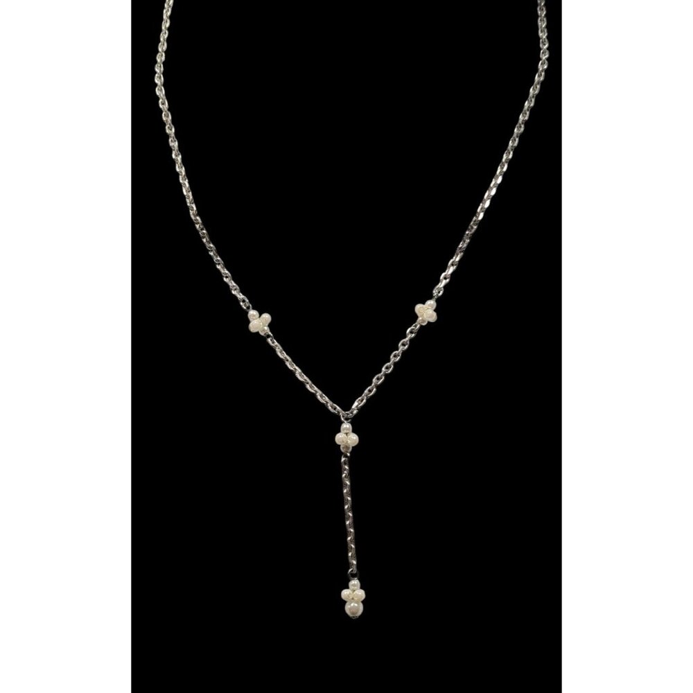 Dainty Seed Pearl Silver Tone Chain Y Drop Necklace